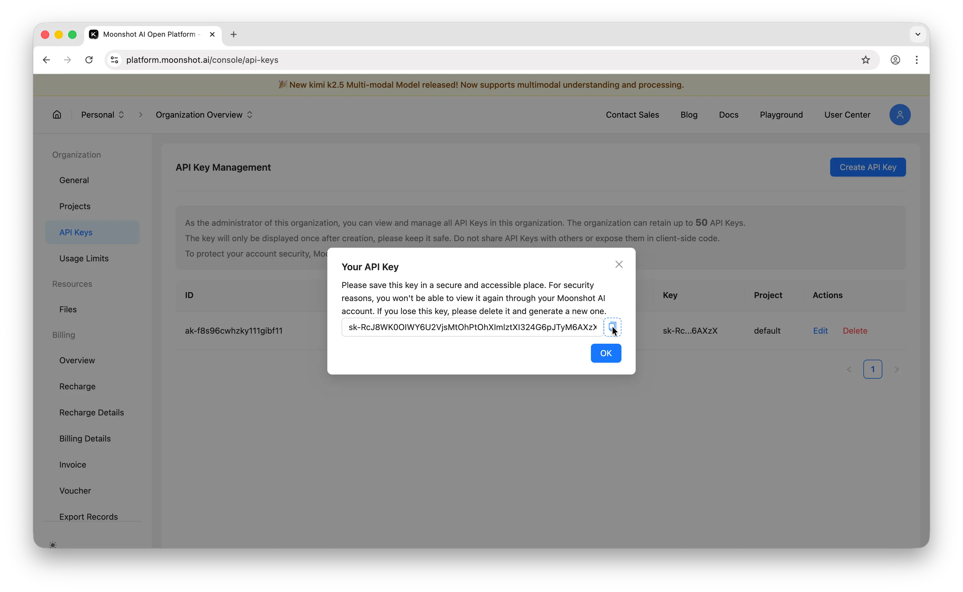 Moonshot AI API key revealed with copy button