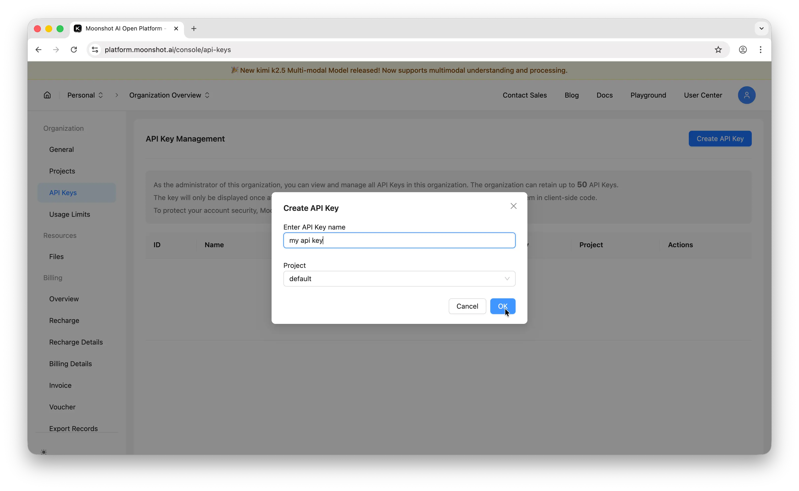 Moonshot AI create API key dialog