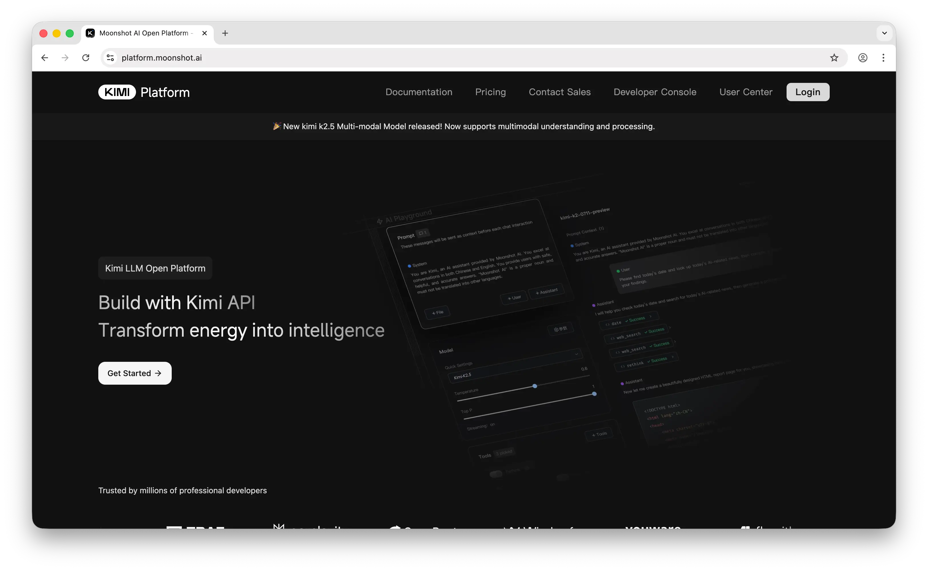 Moonshot AI platform landing page
