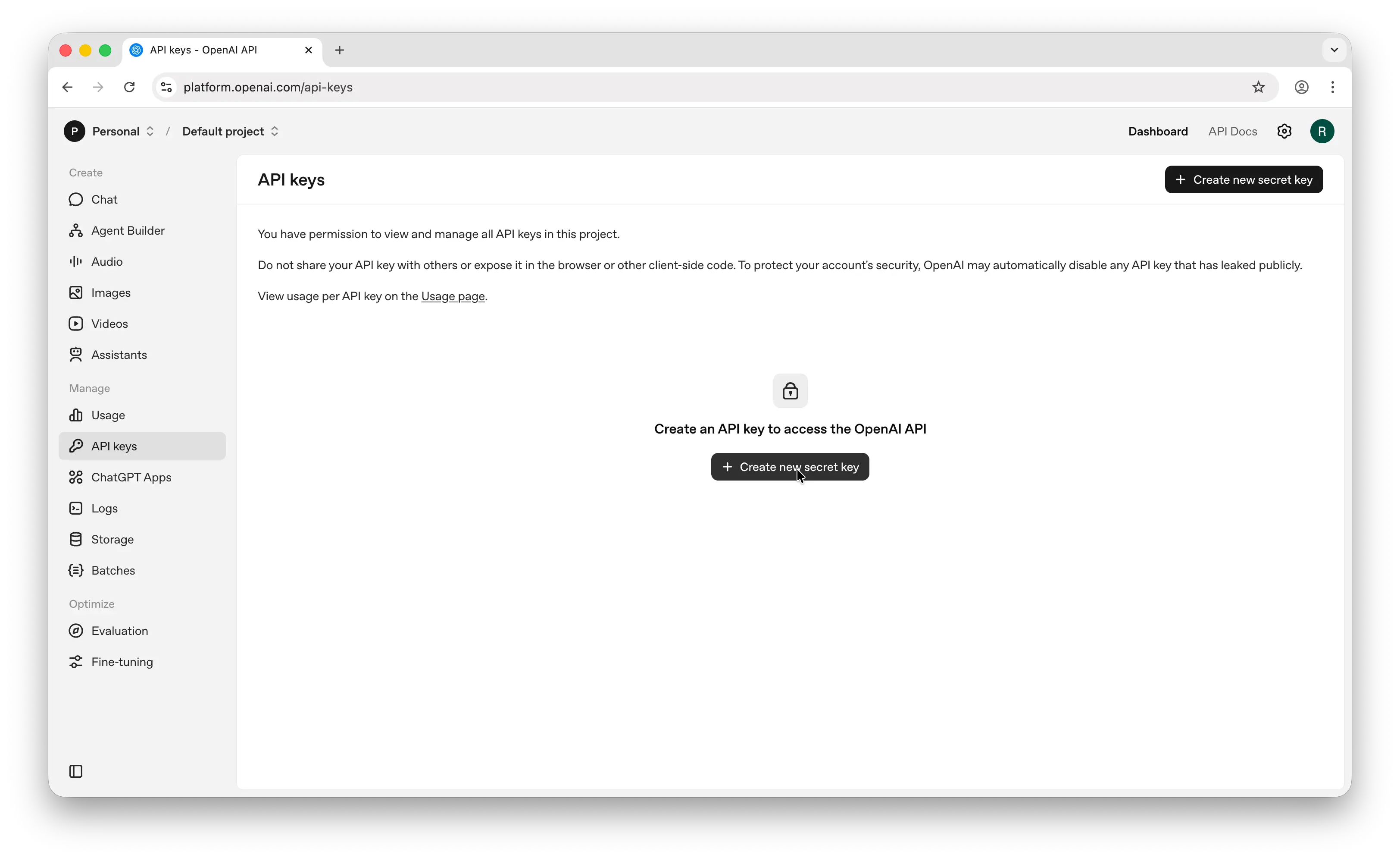 OpenAI API keys page in the sidebar