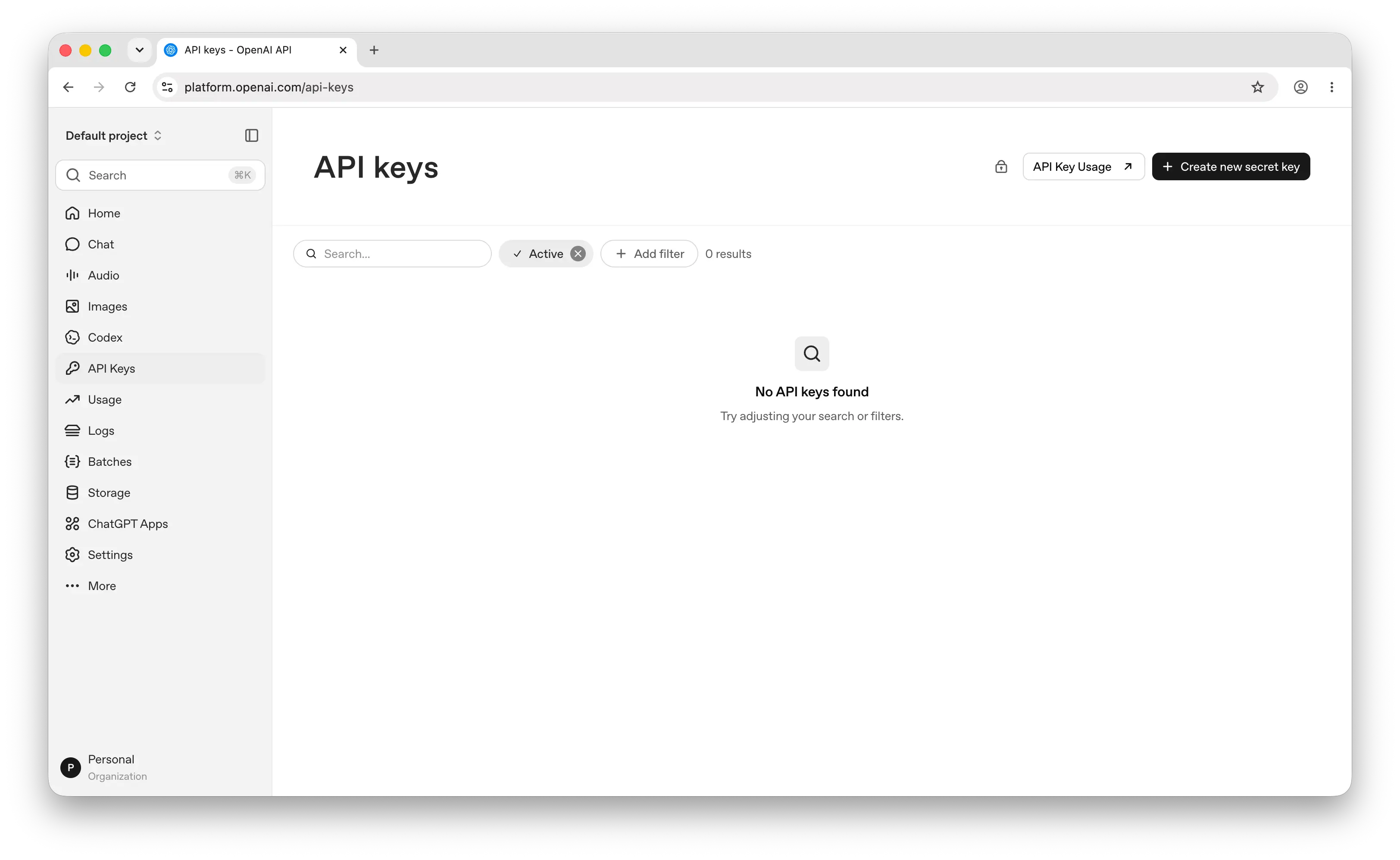 OpenAI API keys page in the sidebar