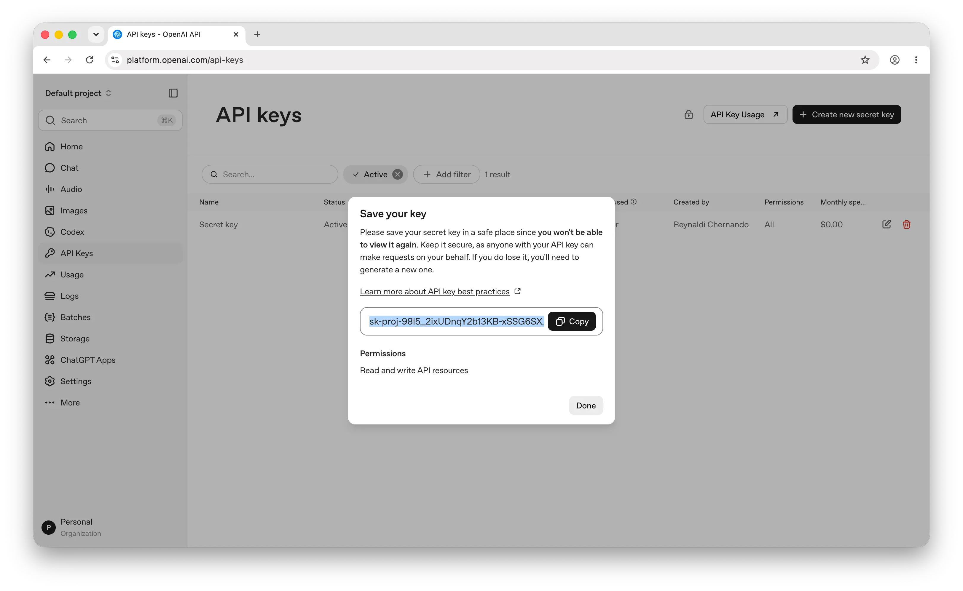 OpenAI secret key revealed with copy button