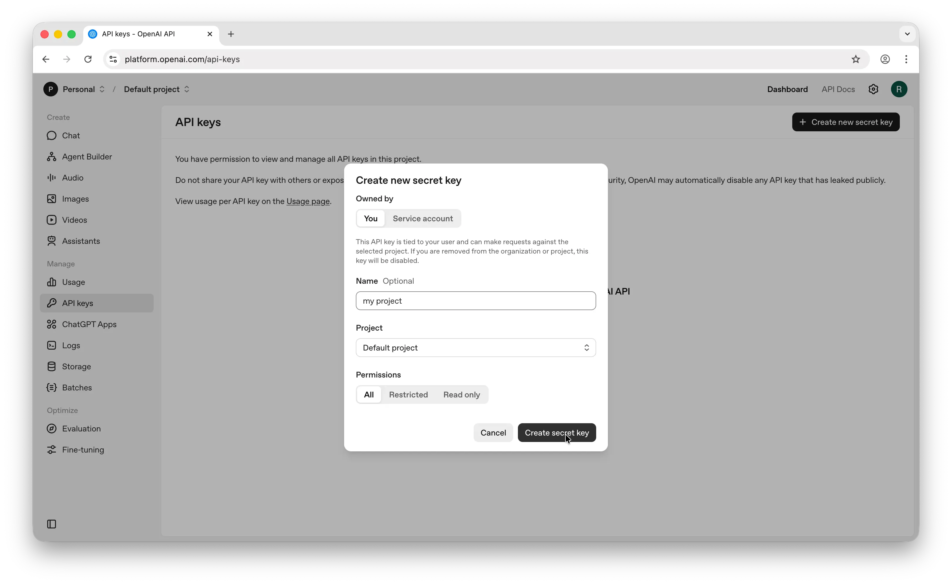 OpenAI create new secret key dialog