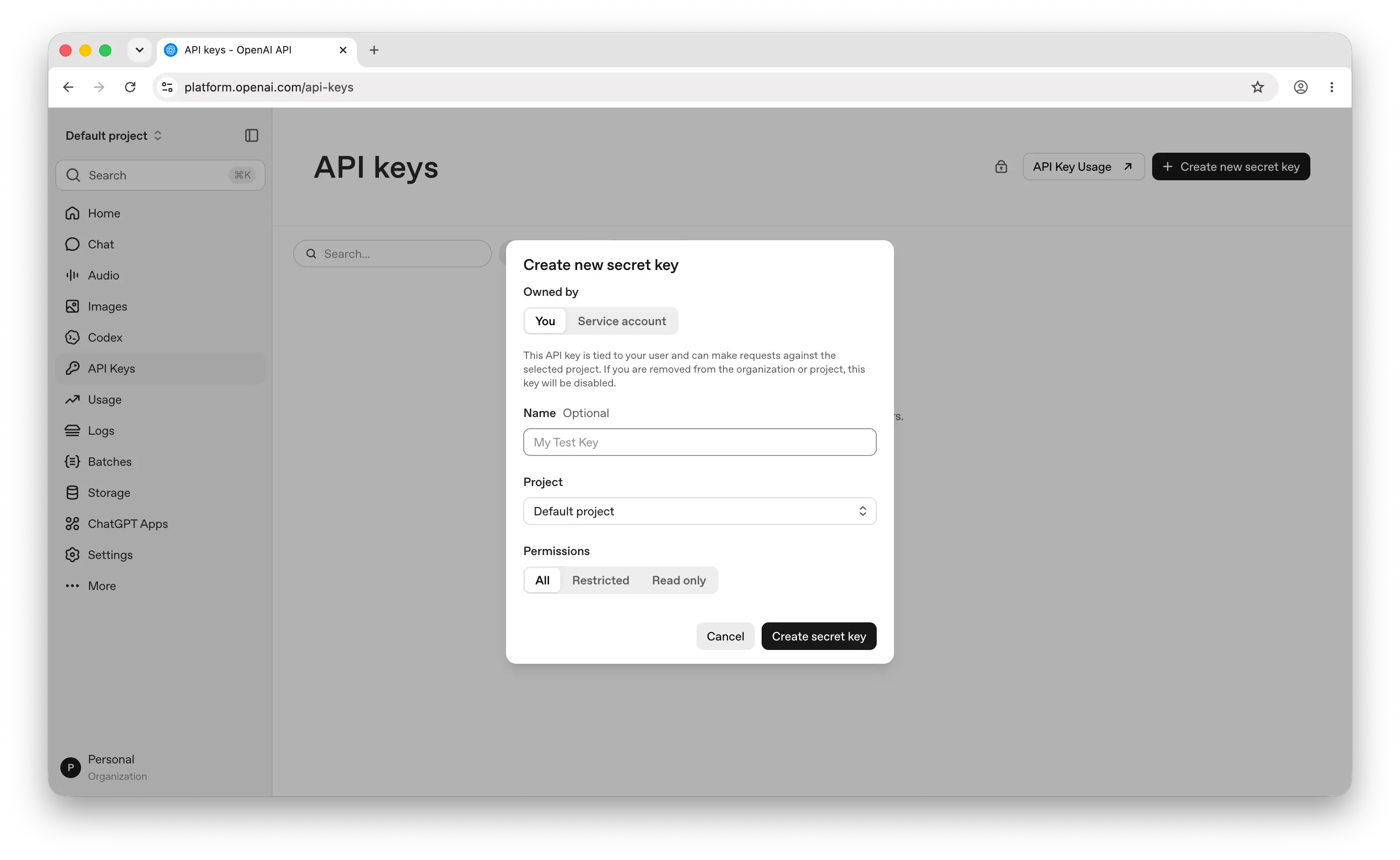 OpenAI create new secret key dialog