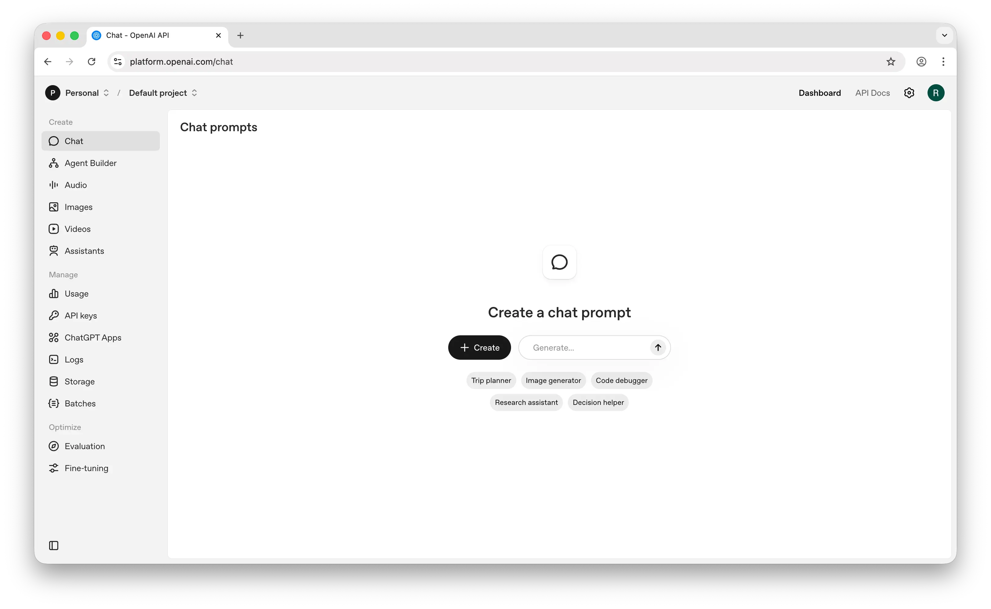 OpenAI API platform dashboard