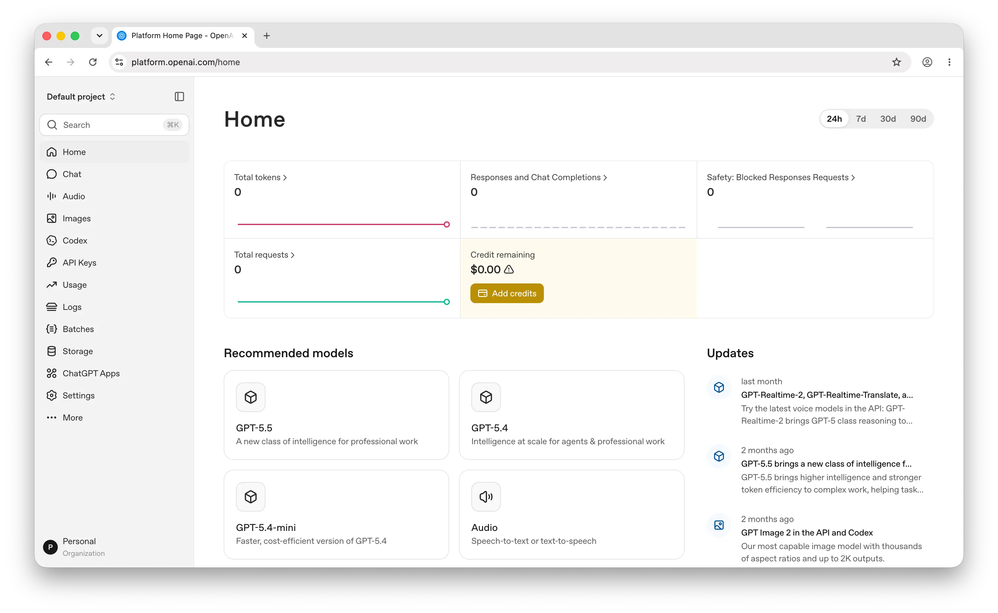 OpenAI API platform dashboard