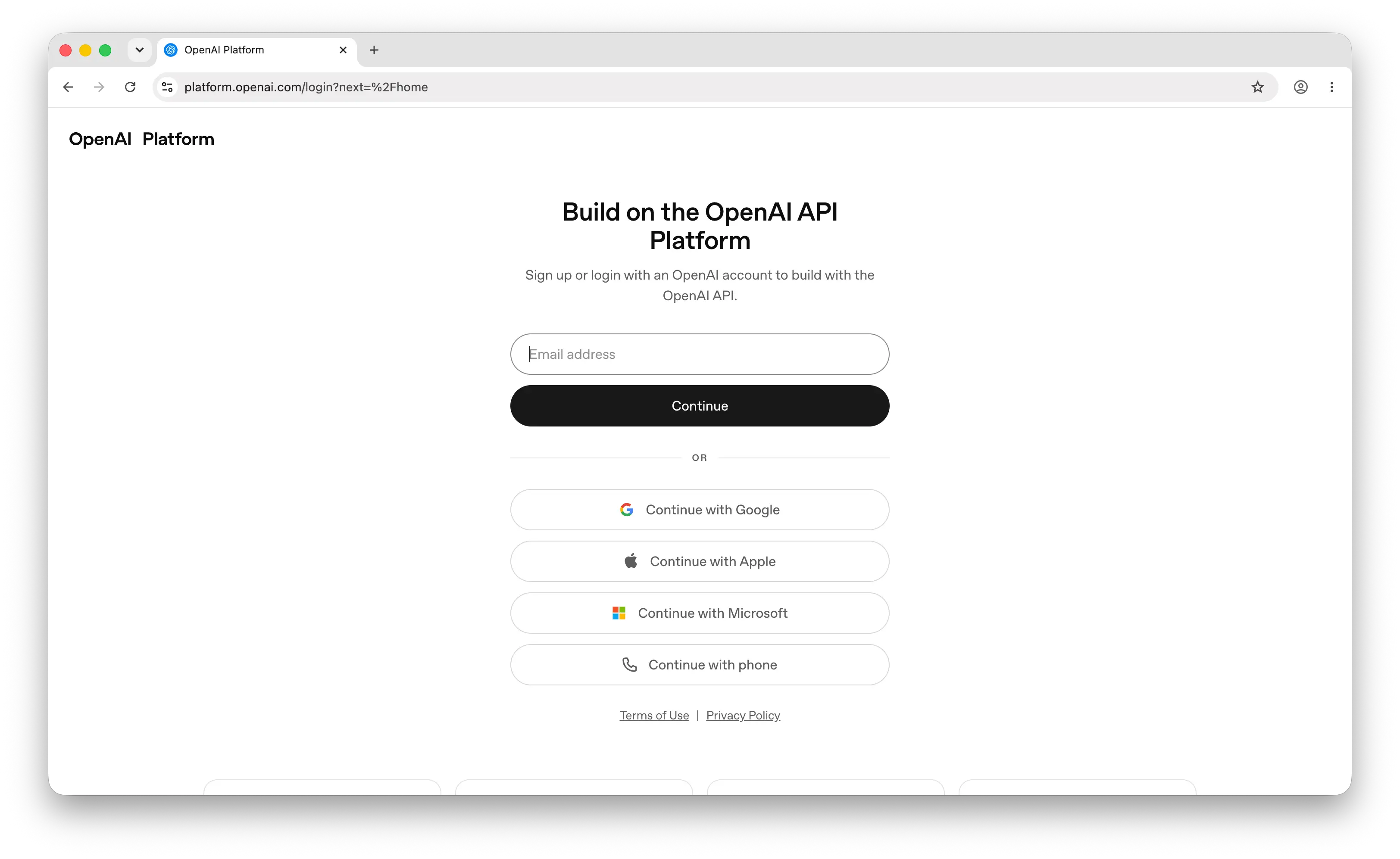OpenAI platform sign-up page