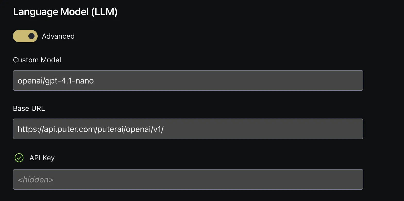 OpenHands configured with Puter endpoint and auth token
