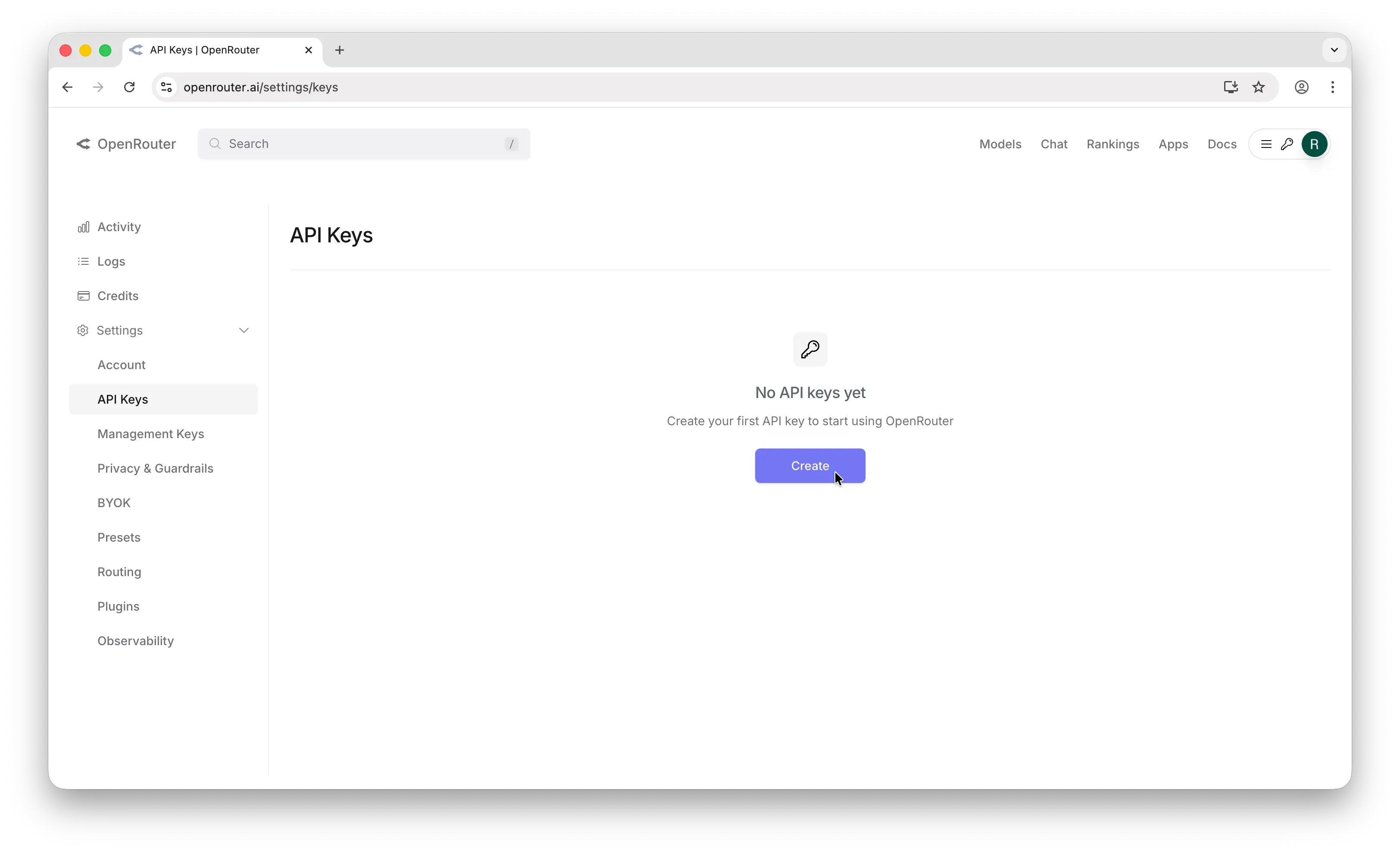 OpenRouter API keys page with Create button