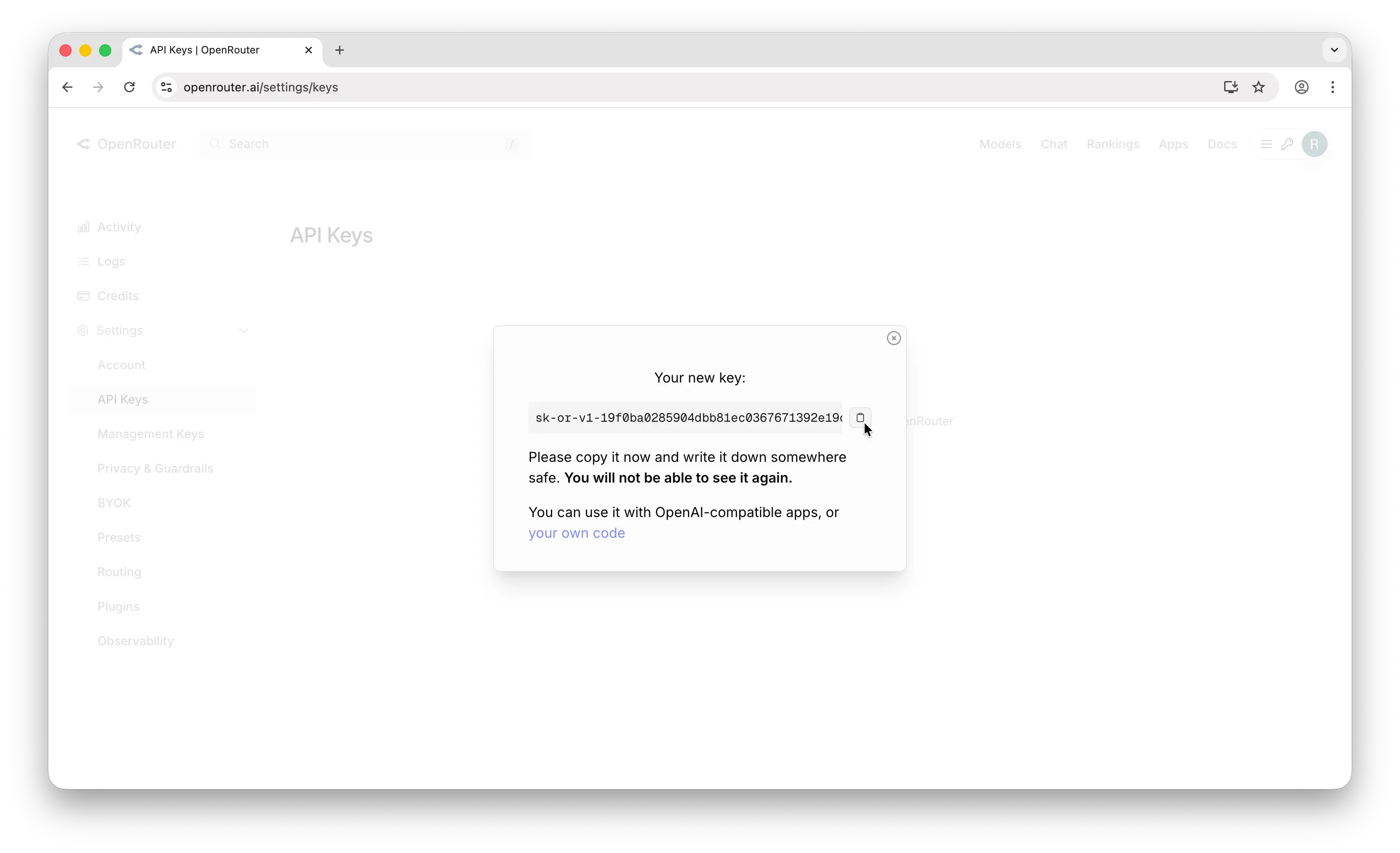OpenRouter API key revealed with copy button