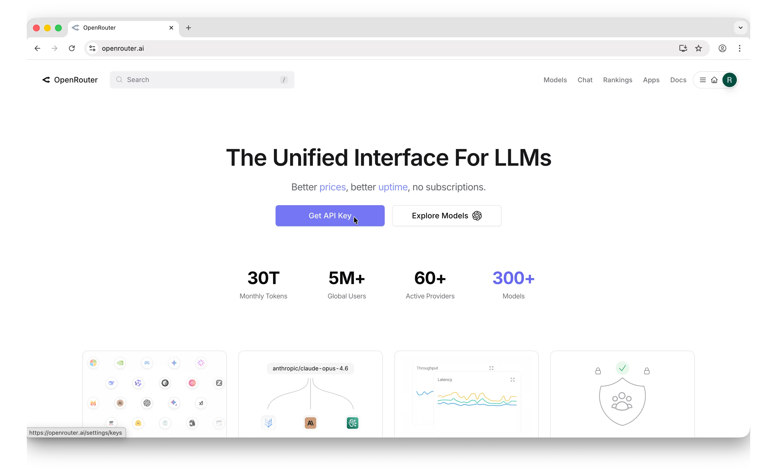 OpenRouter home screen with Get API Key button