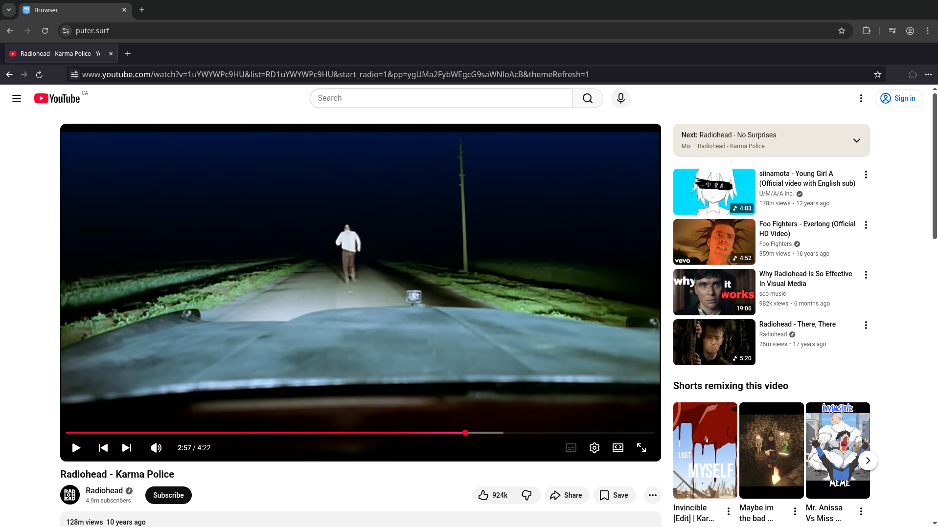 The youtube.com frontend playing a video inside of the browser.js proxy