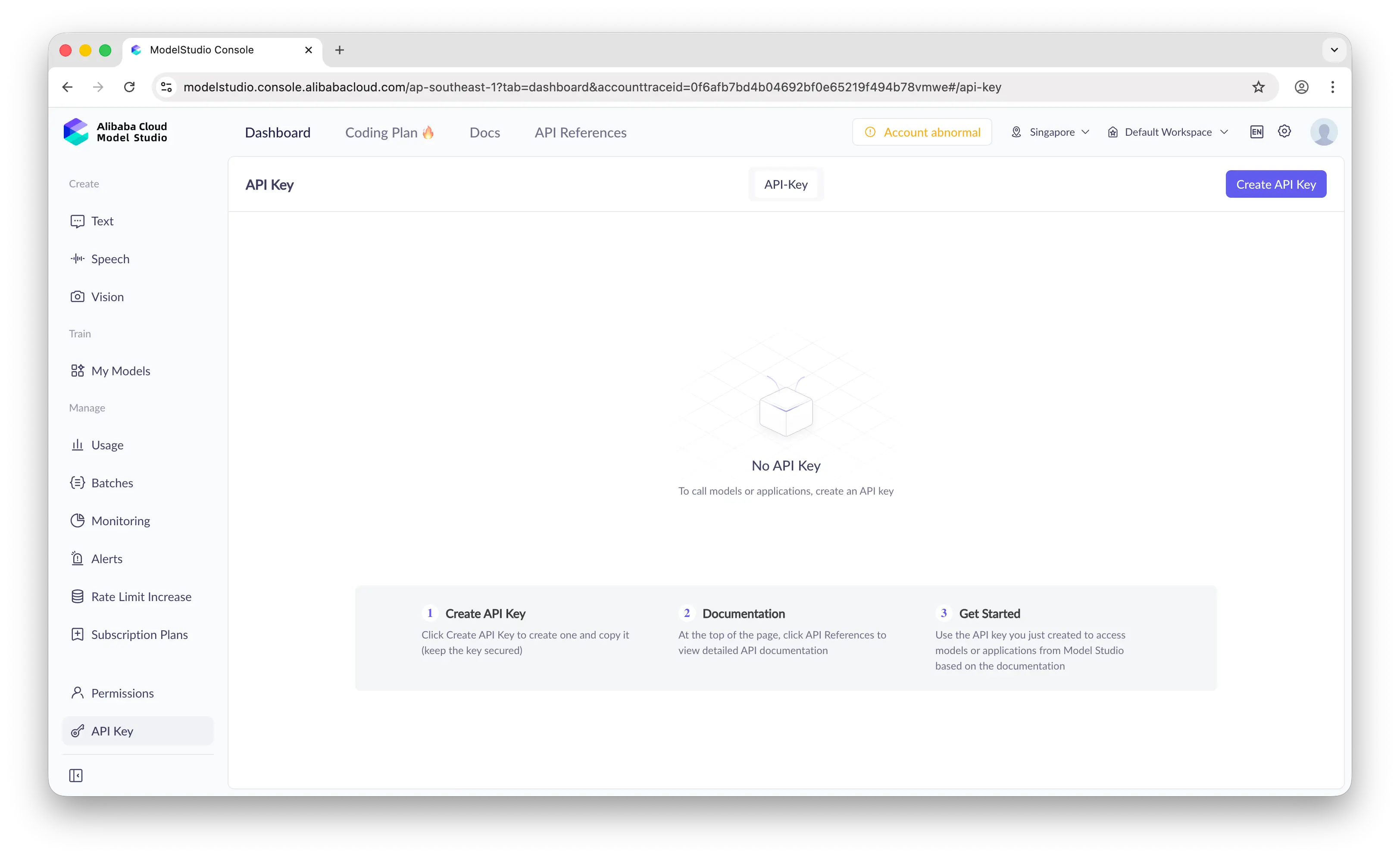 Alibaba Cloud Model Studio API keys page
