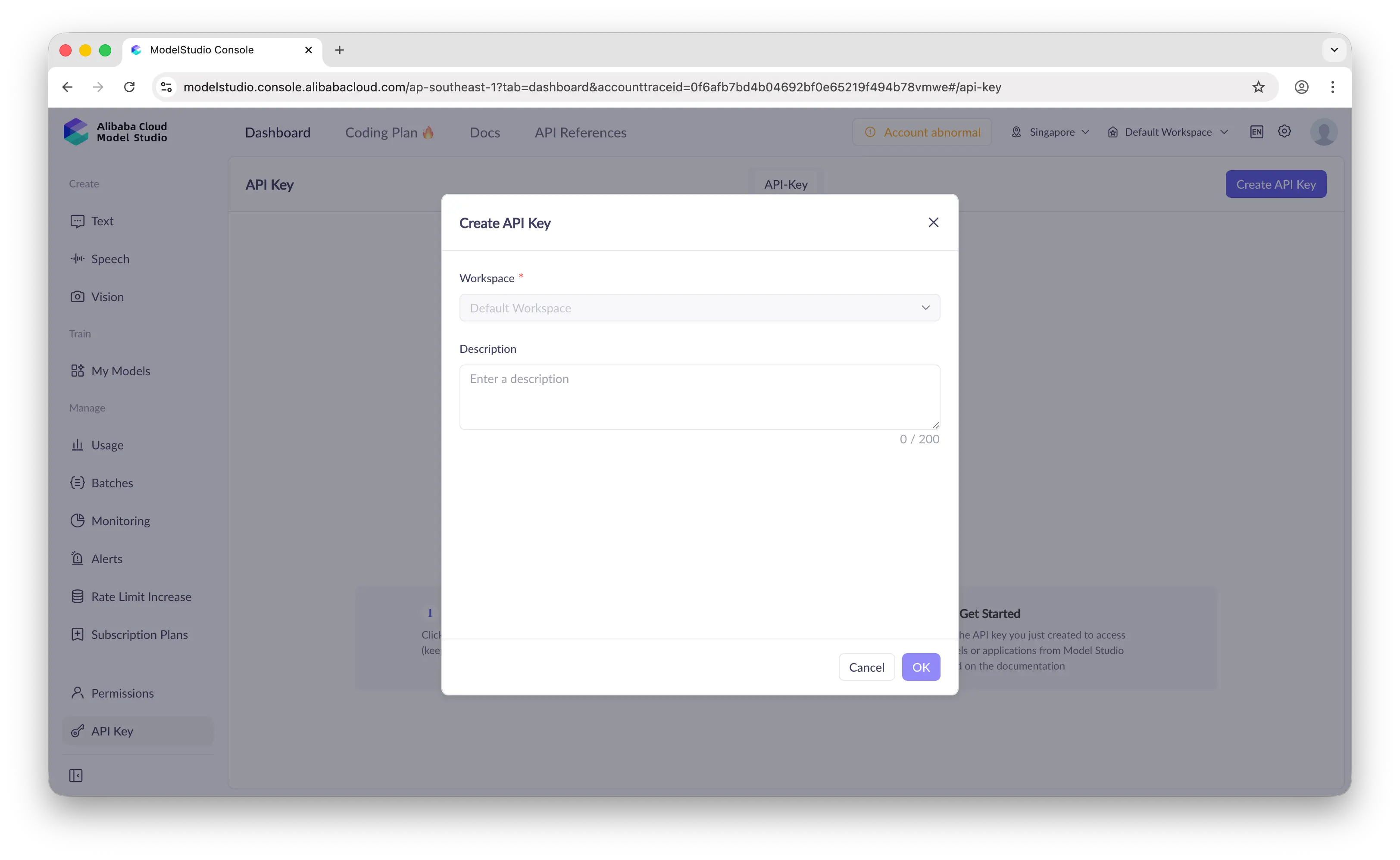 Create new API key dialog