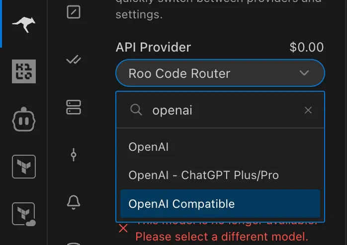 Select OpenAI Compatible as API provider in Roo Code
