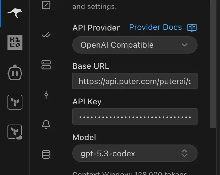 Roo Code API configuration with Puter base URL and auth token