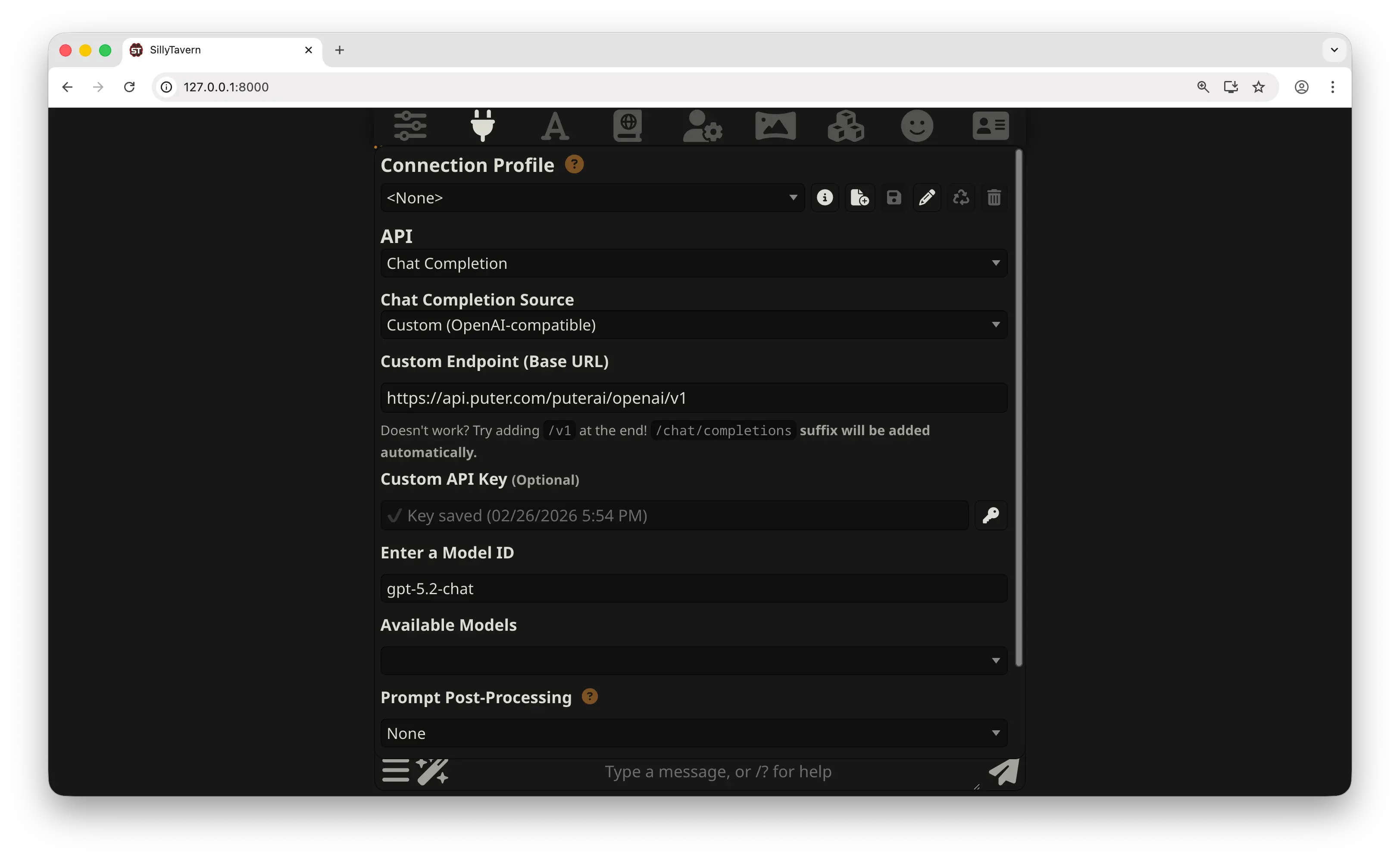 SillyTavern configured with Puter endpoint and auth token