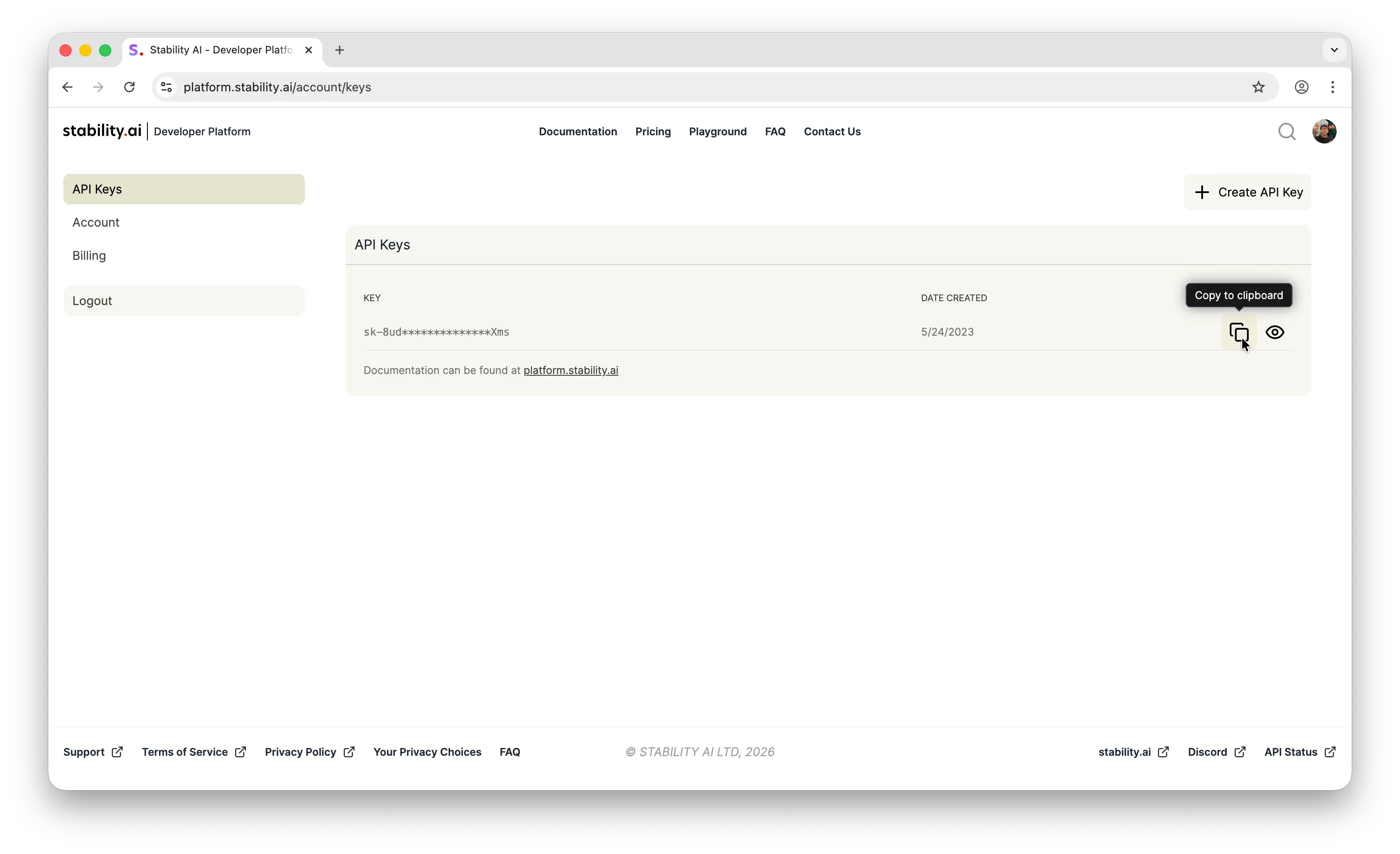 Stability AI account page with API key ready to copy