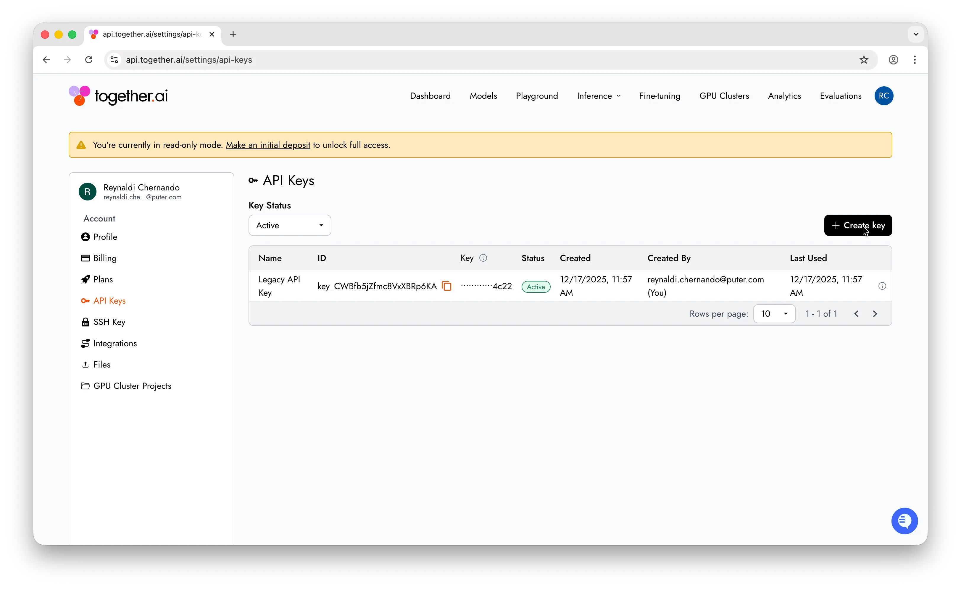 Together AI API keys page with Create key button