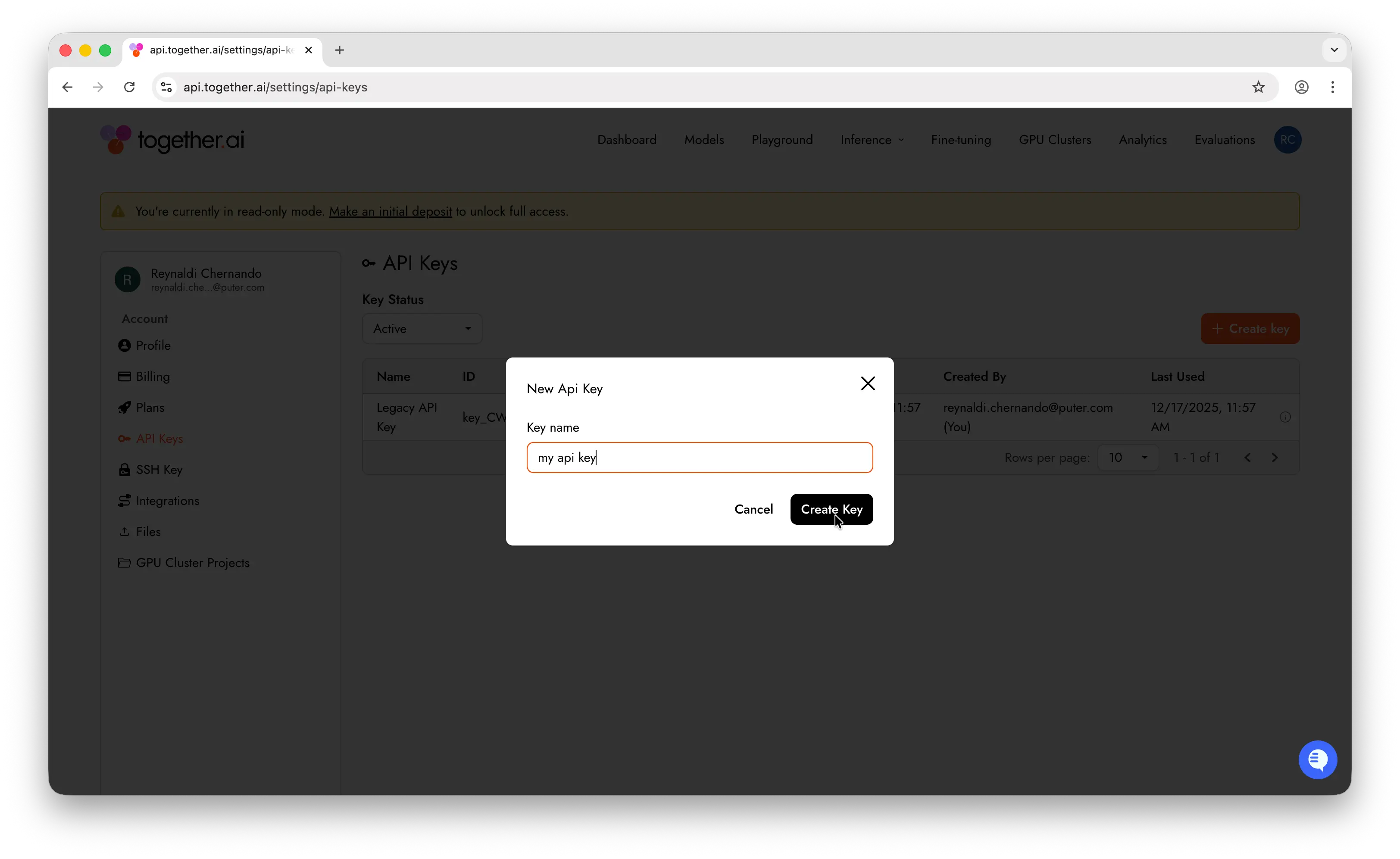 Together AI API key name input dialog