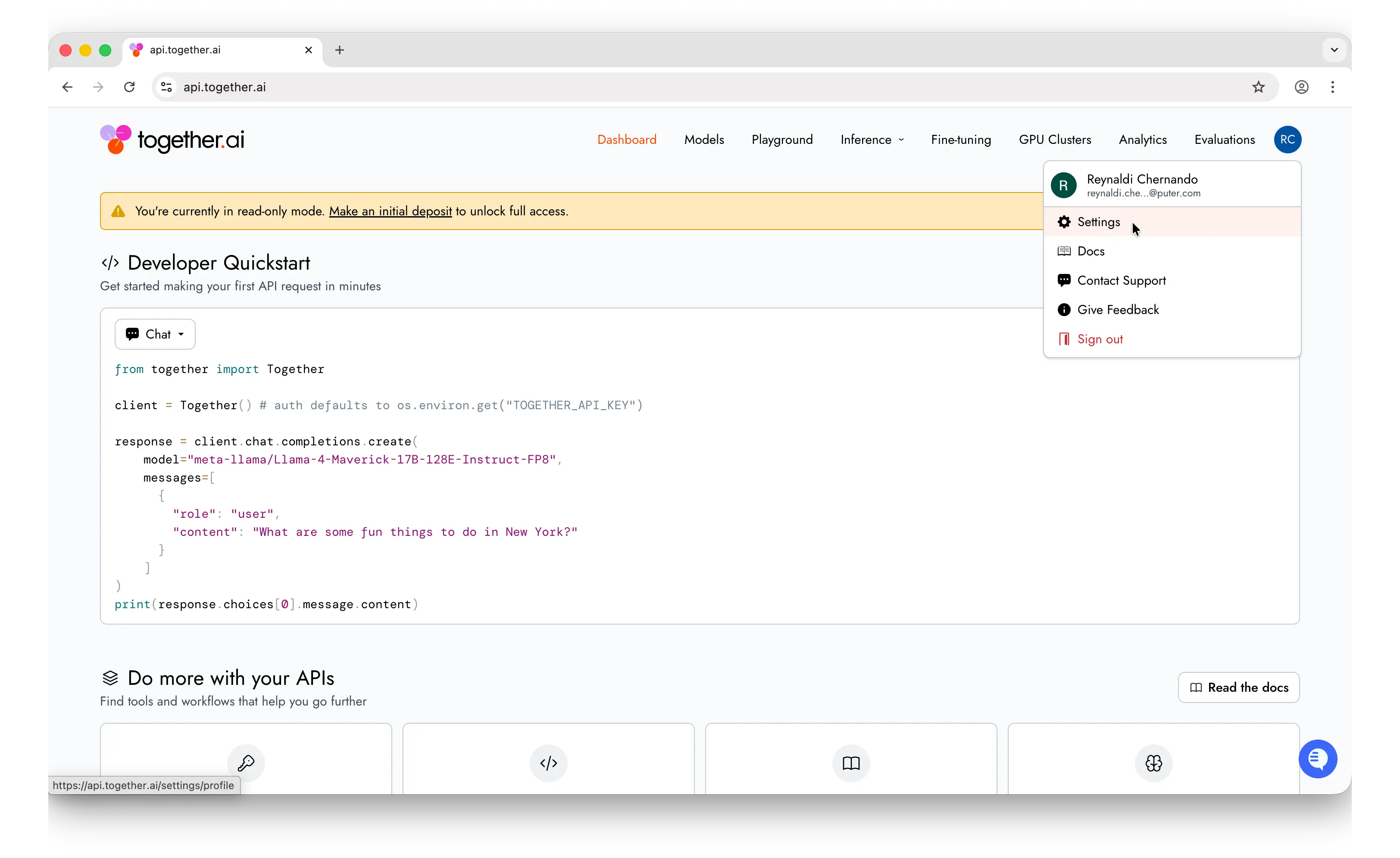 Together AI dashboard with profile menu in top right corner