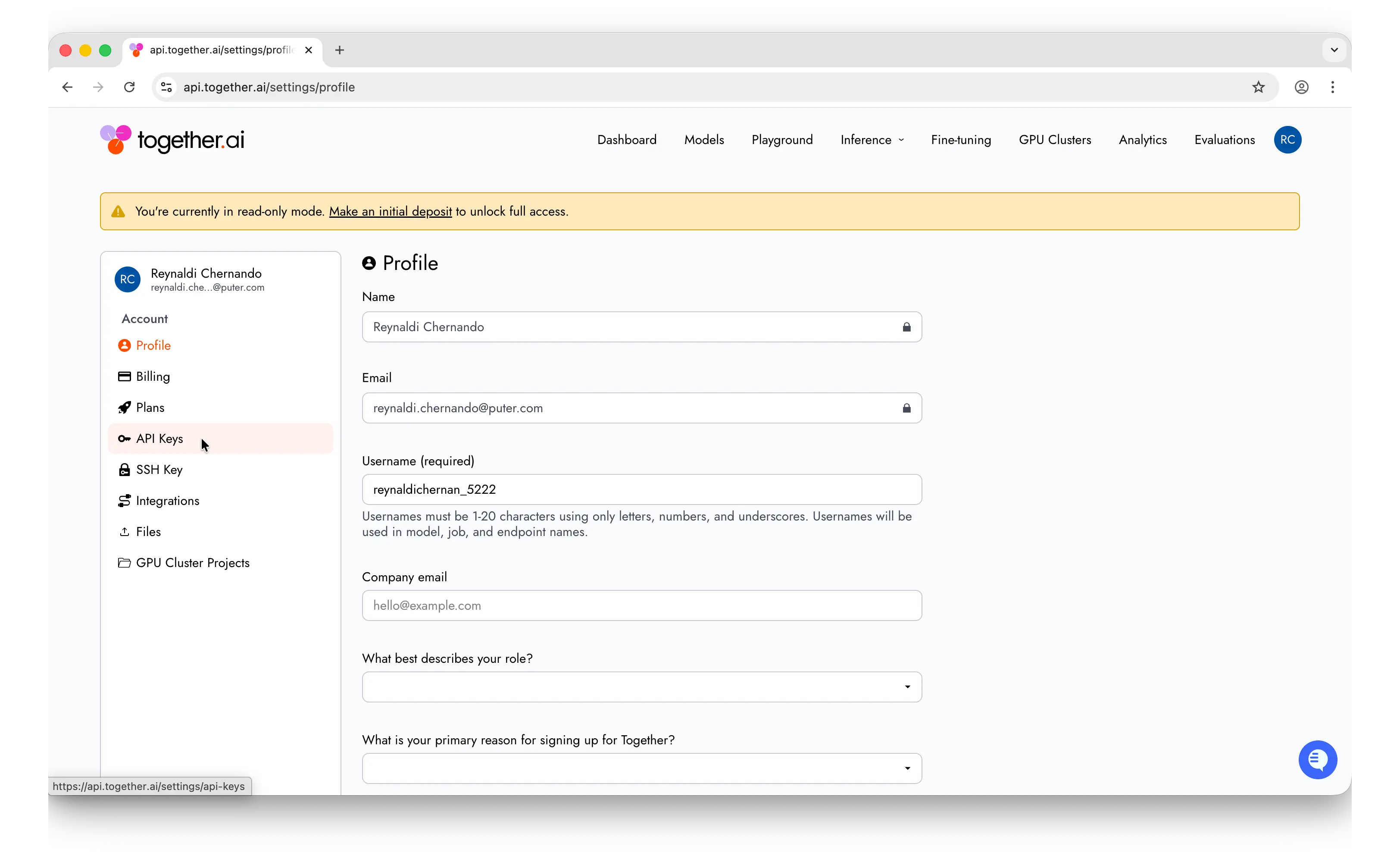 Together AI settings page with API Keys menu in sidebar