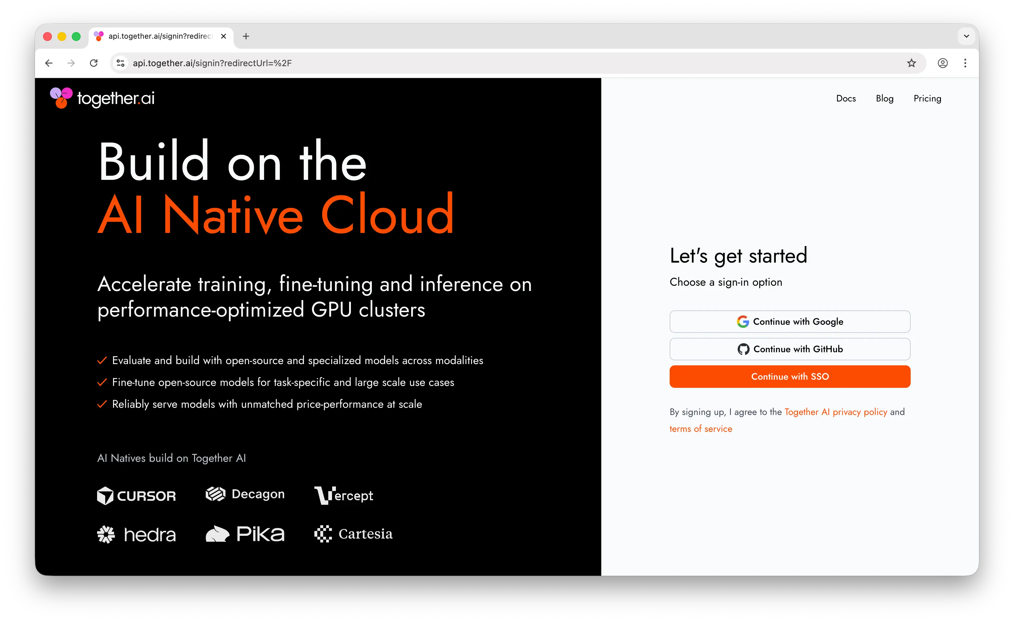 Together AI sign-up page
