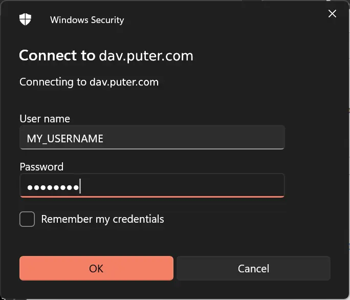 Windows credentials dialog for WebDAV