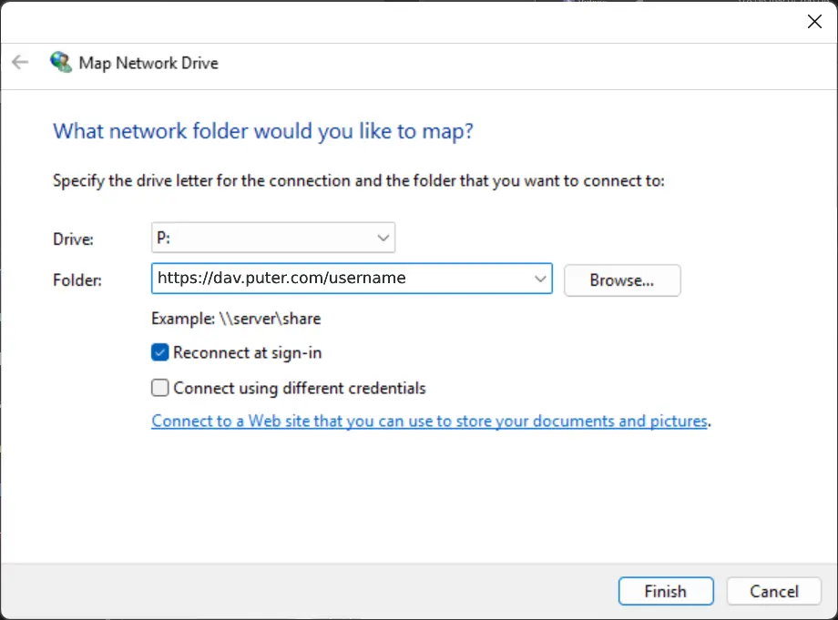 Map Network Drive dialog asking for folder path