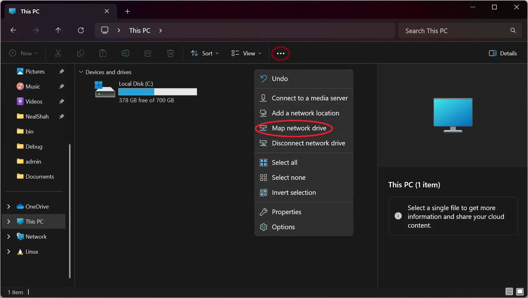 File Explorer showing This PC with Map network drive menu