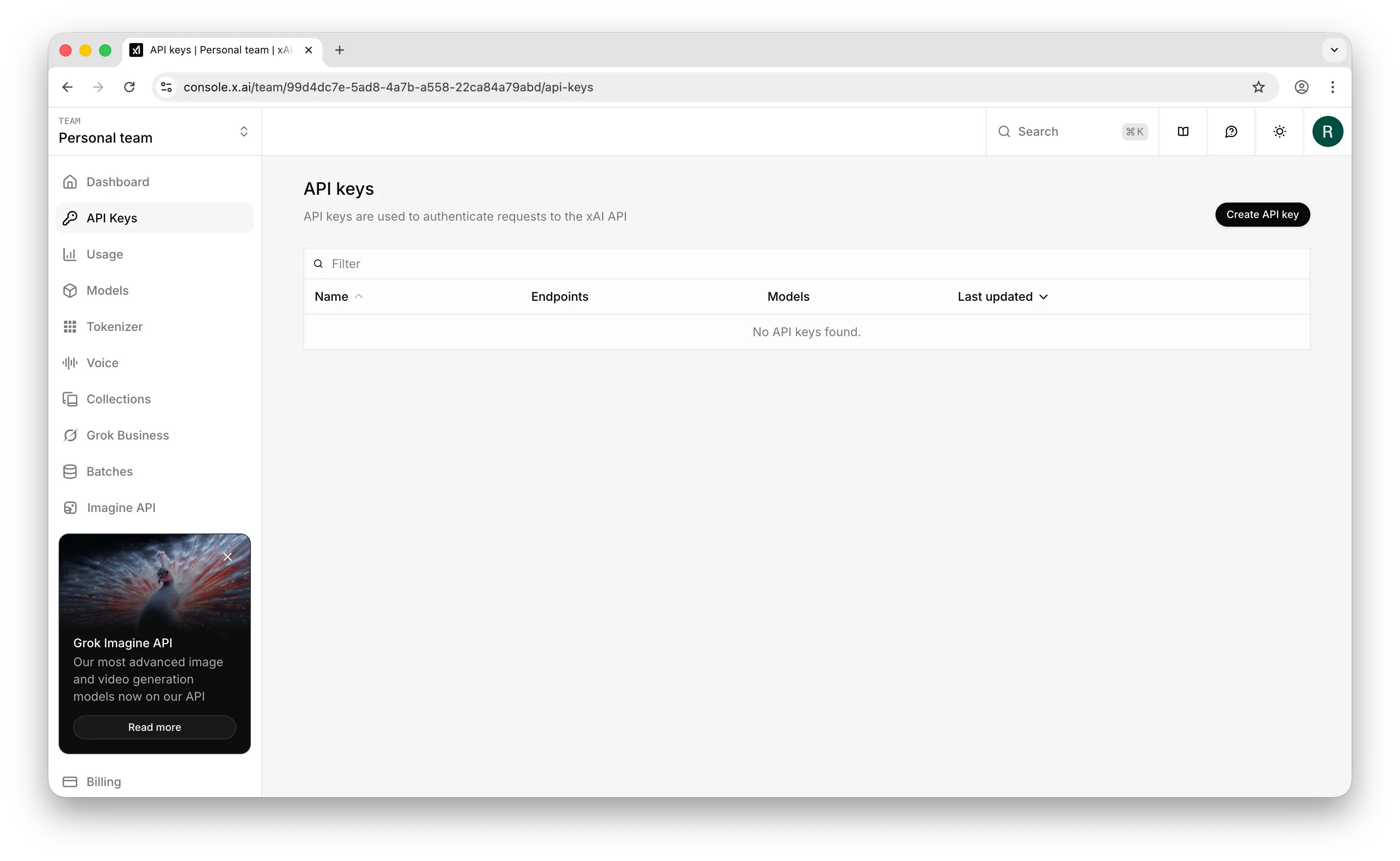 xAI API keys page in the sidebar