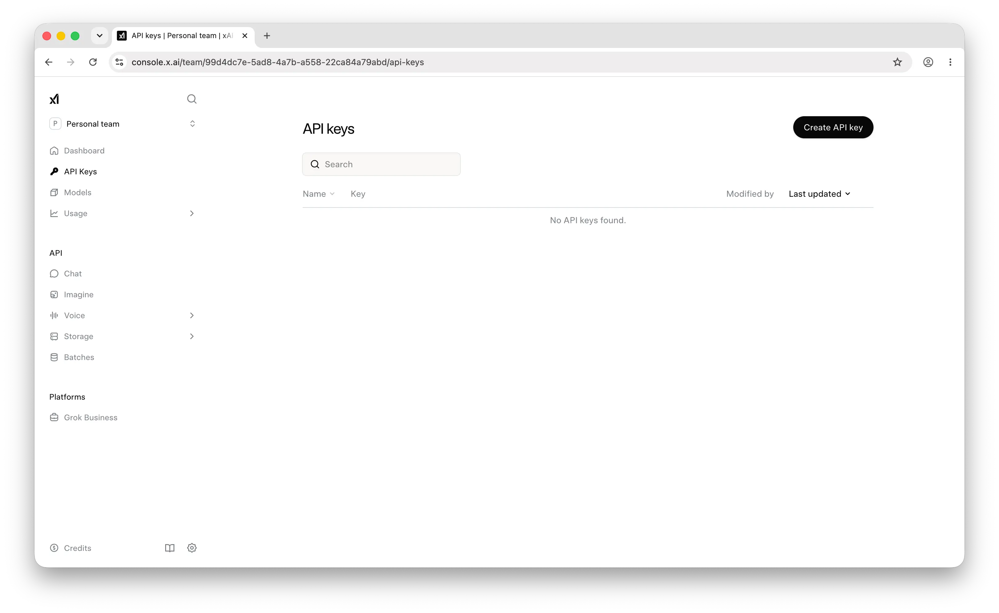 xAI API keys page in the sidebar