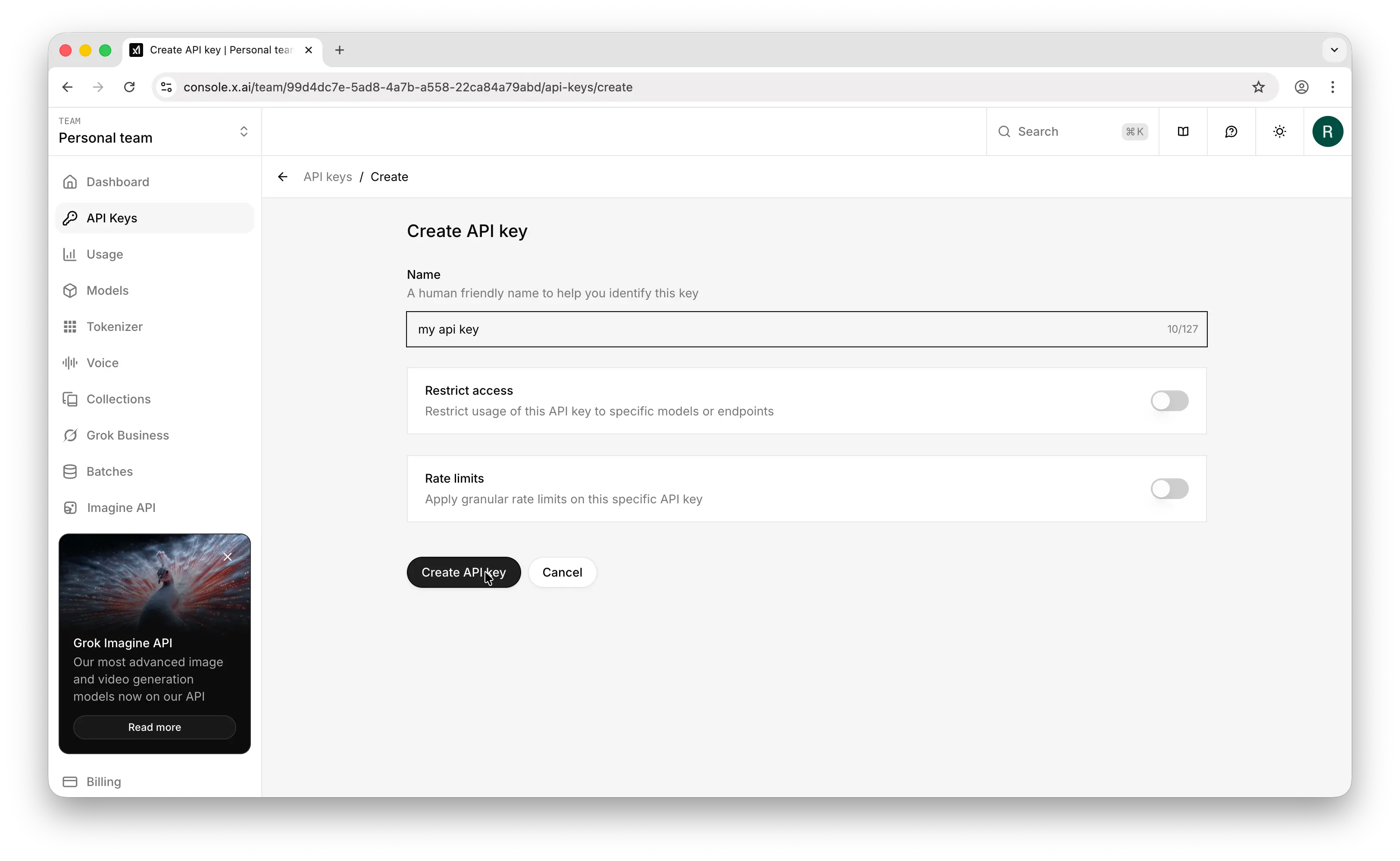 xAI create new API key dialog