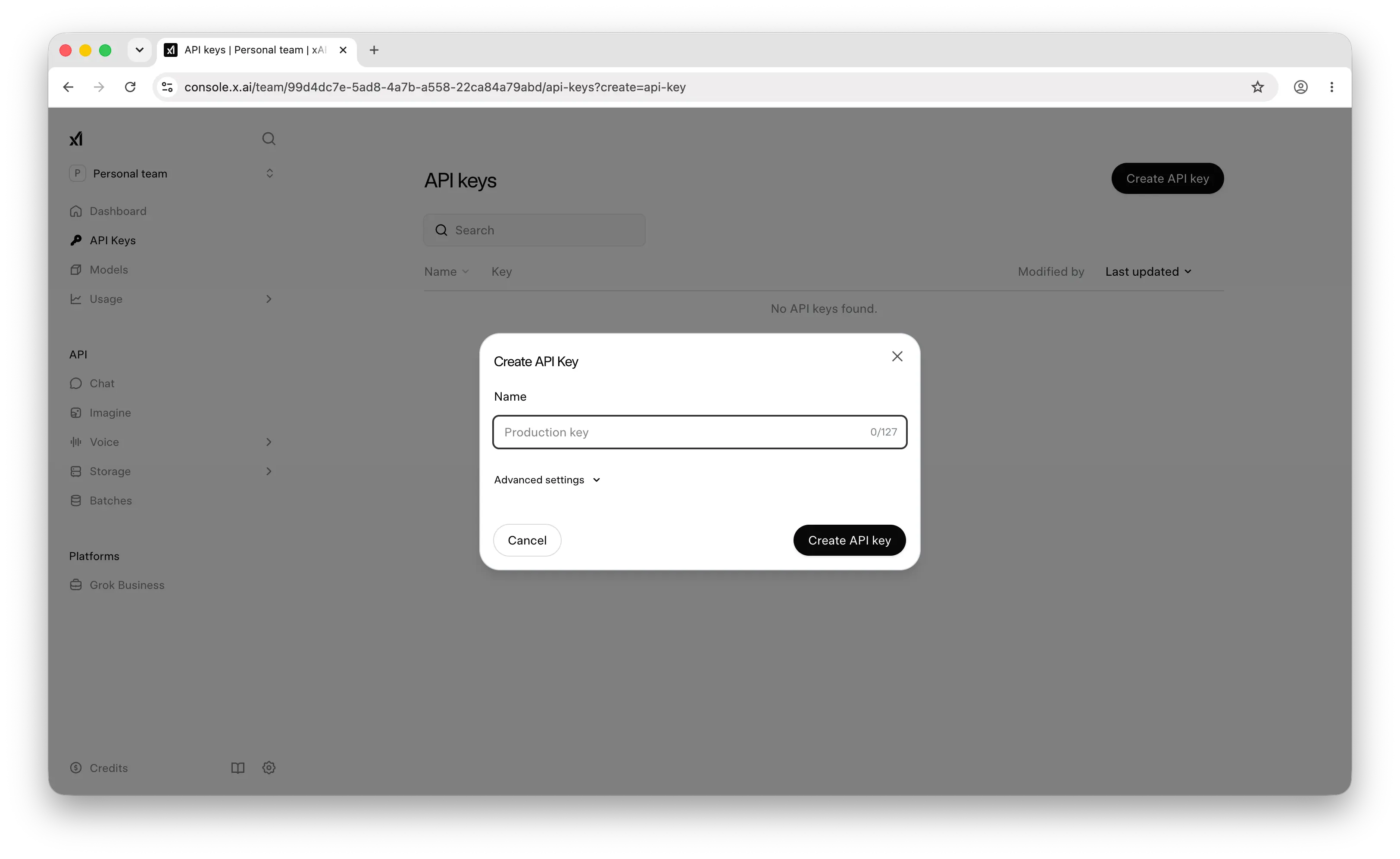 xAI create new API key dialog