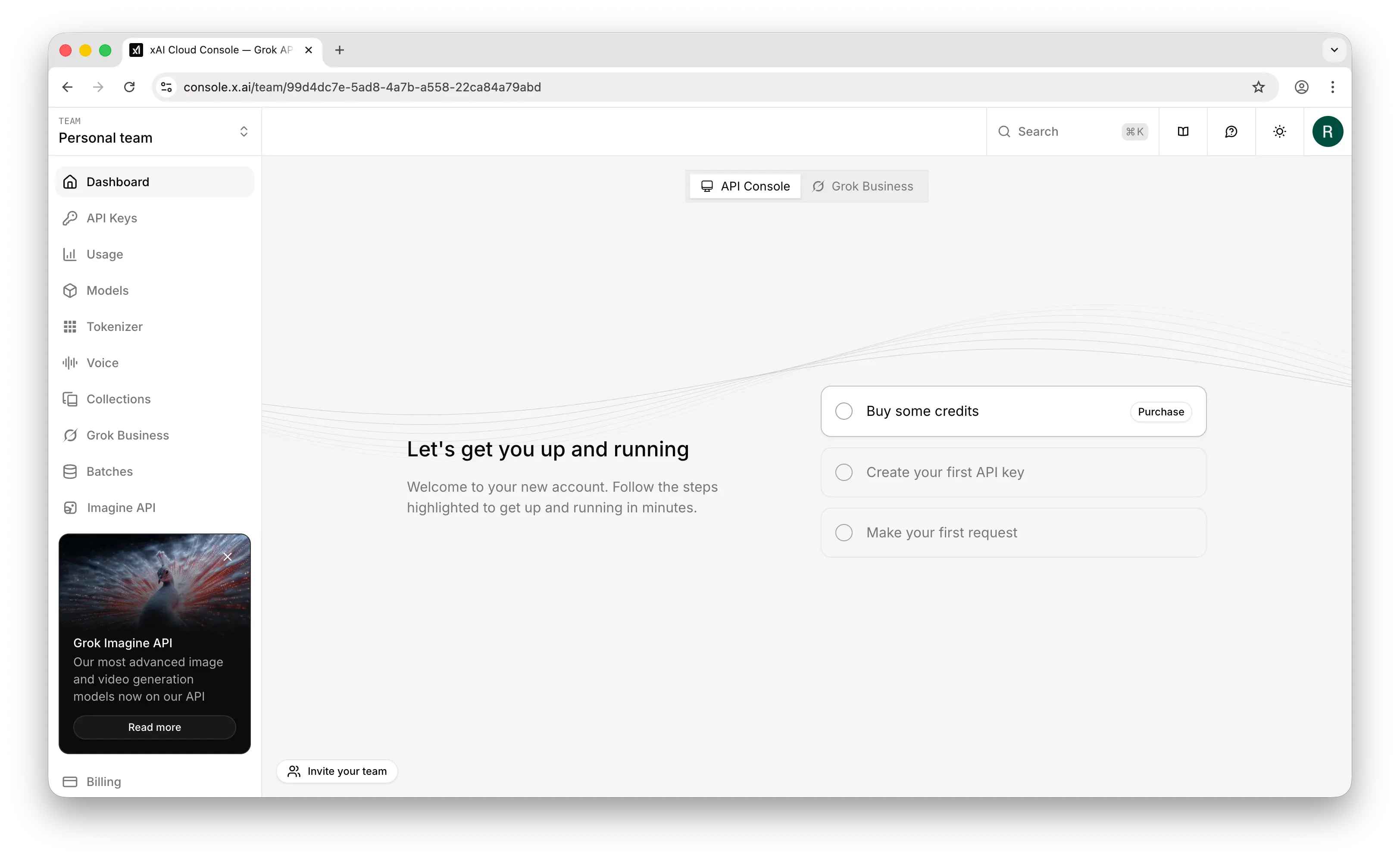 xAI API console dashboard