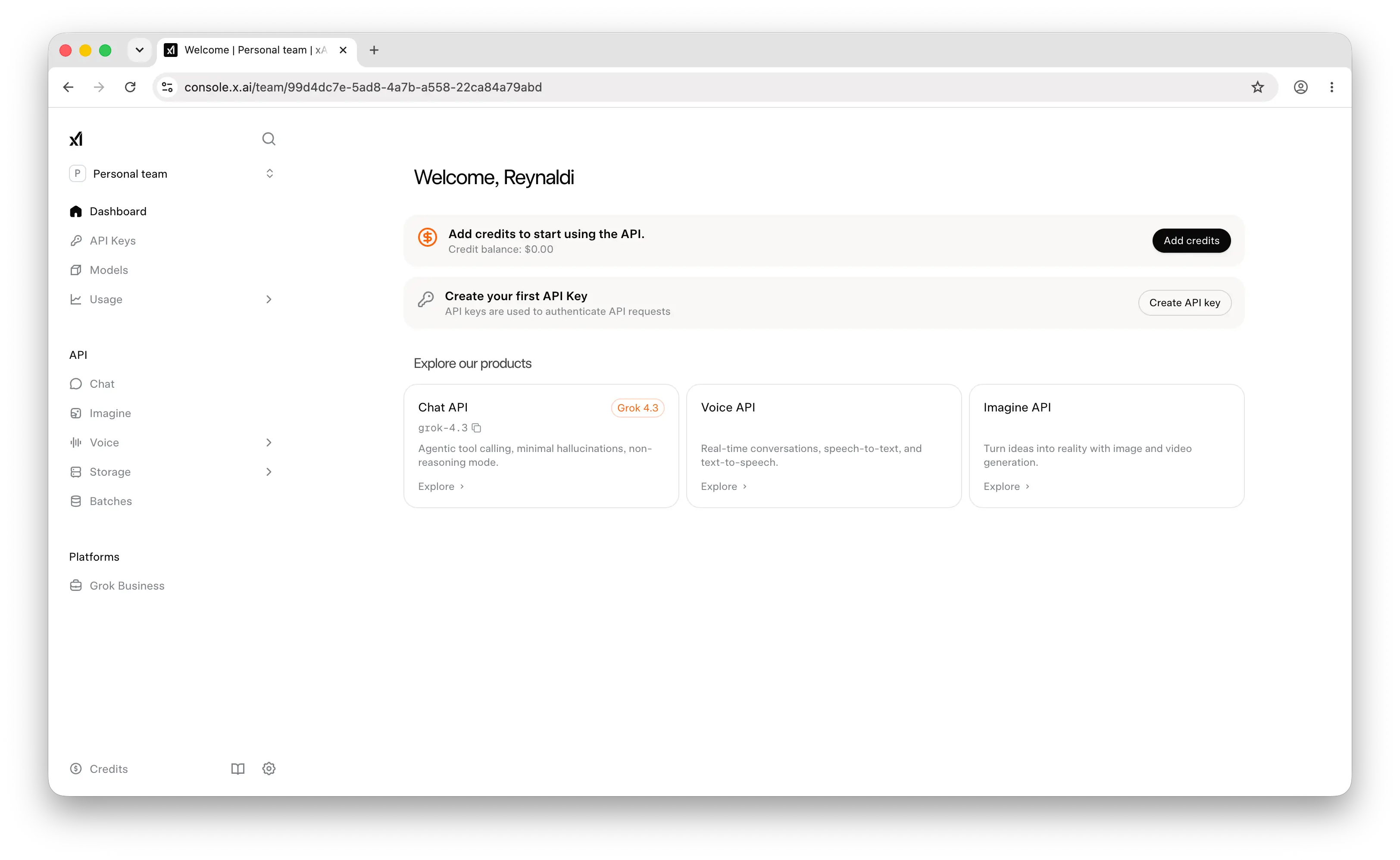 xAI API console dashboard