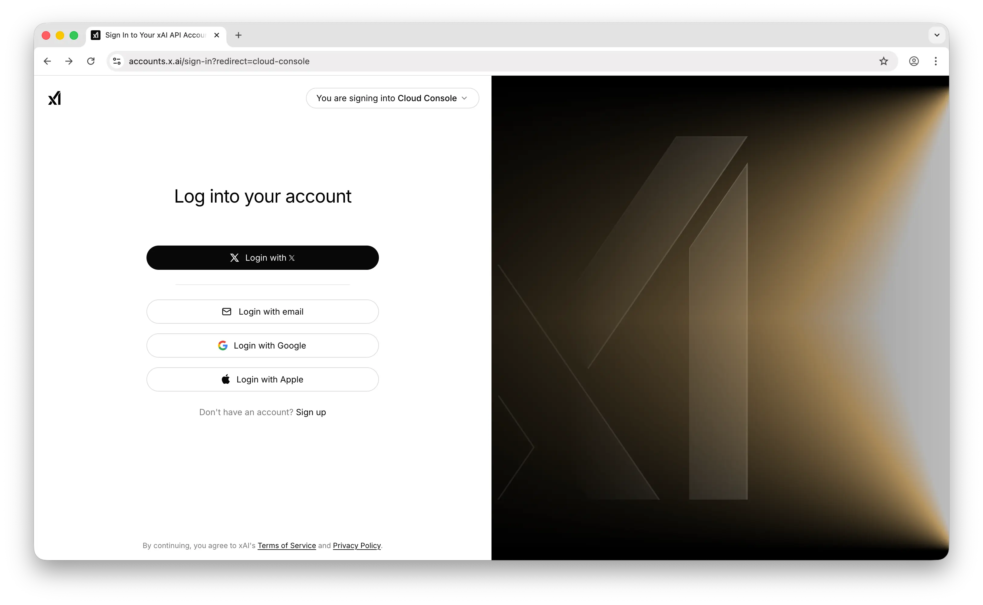 xAI console sign-in page