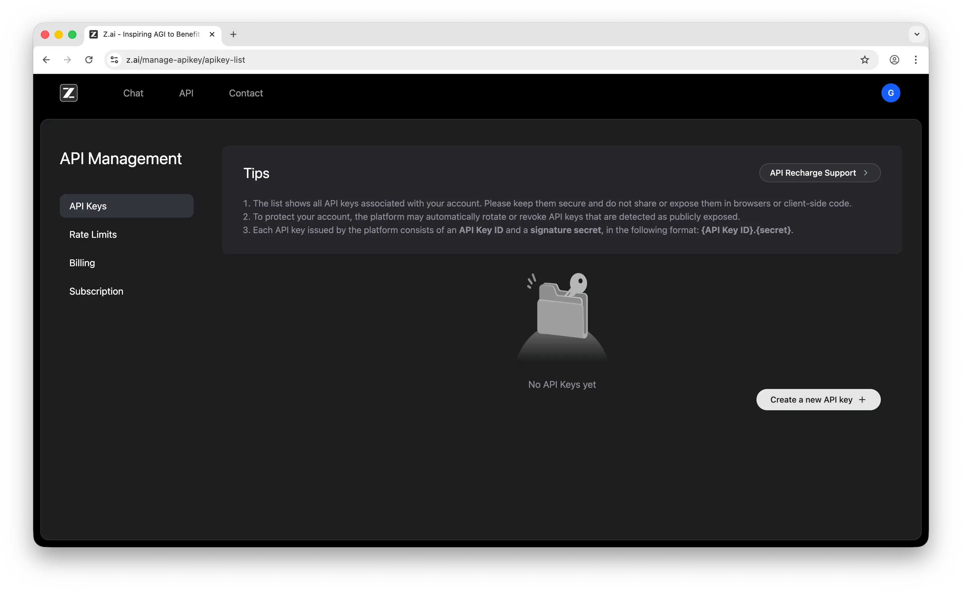 Z.AI API keys page