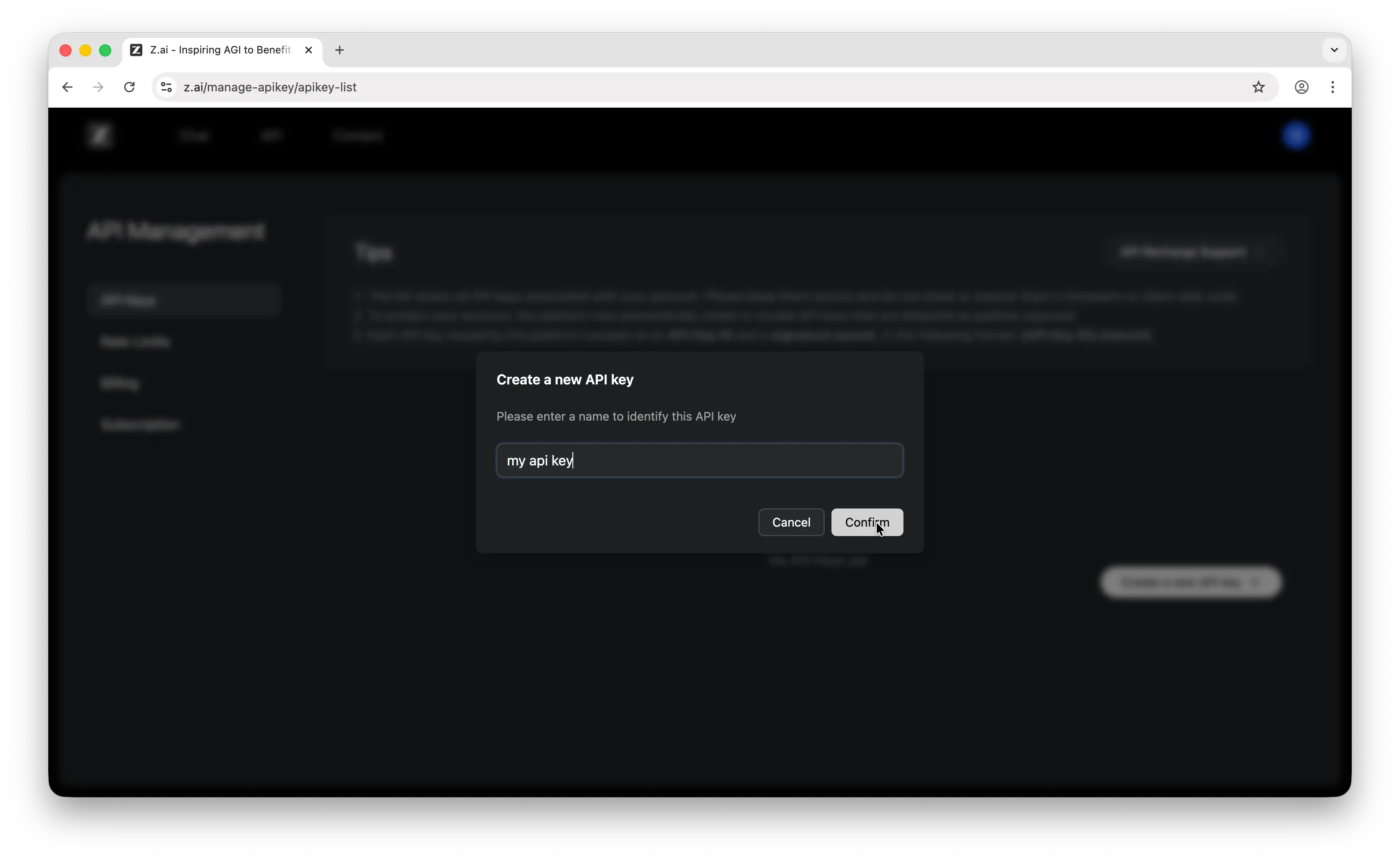 Z.AI create new API key dialog